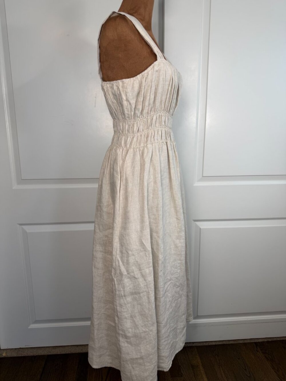 Saks Fifth Avenue 100% Linen Smocked Midi Maxi Dress Pockets Oatmeal Medium - Picture 4 of 10